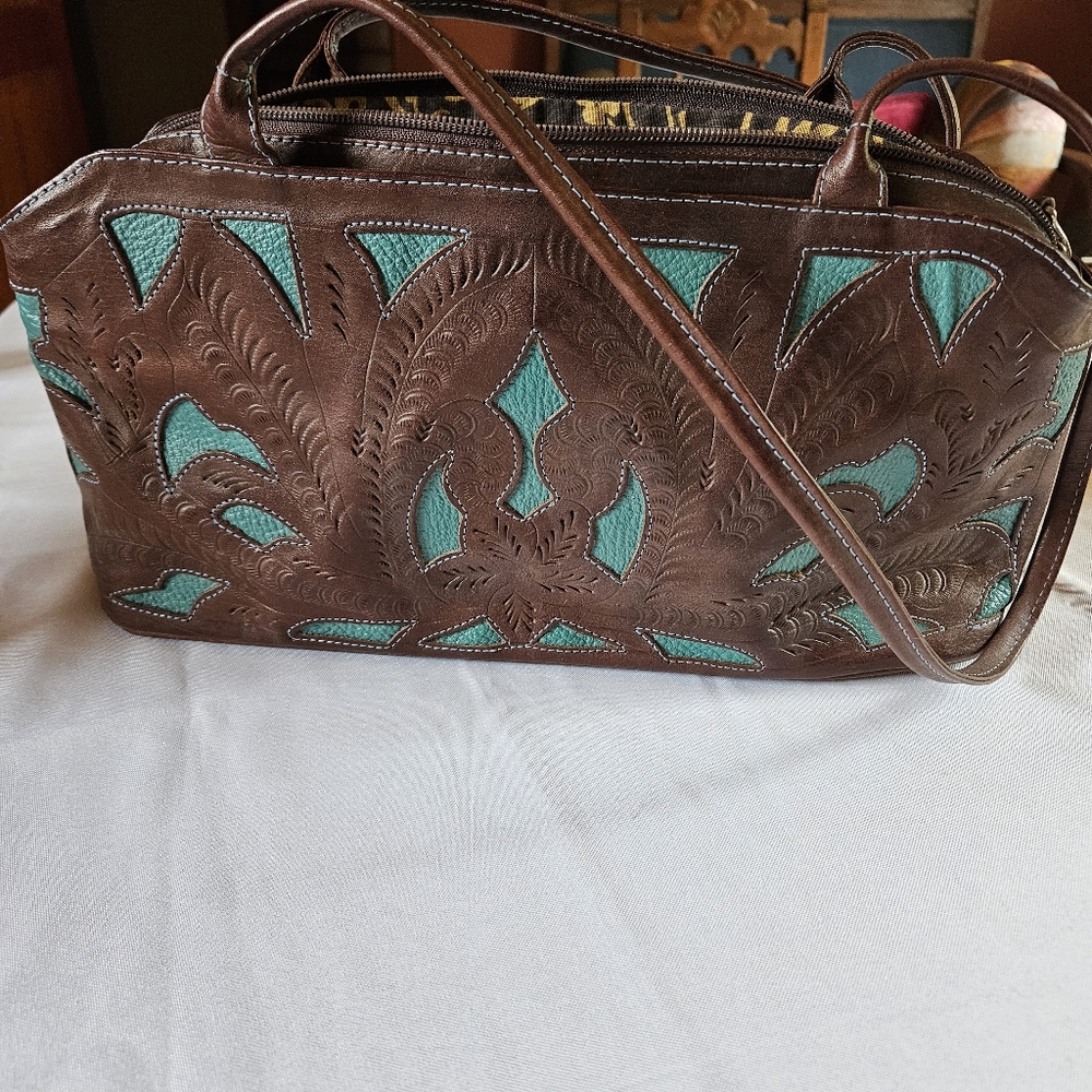 Brown and Teal Satchel Bag